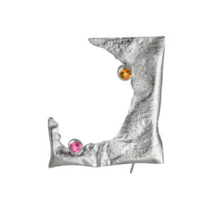 Broche Acaso colorido com citrino e turmalina rosa em prata reticulada